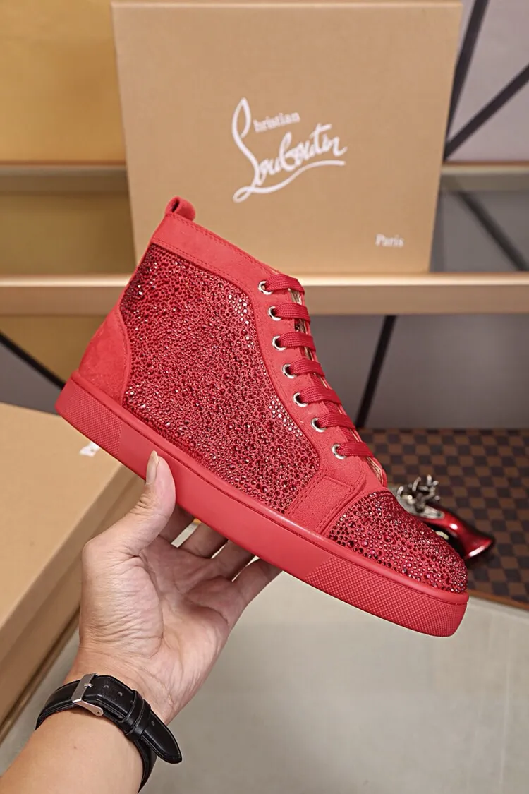 Ex-factory price 480. christian louboutin (CL red sole shoes) counter hot diamond series, high-top casual sneakers for couples 📢 📢 📢 Exclusive hot style release 🎈🎈💪 Movable latex feet 👻 Finished outsole sewing line [satisfied] 😝Female 35-40# Male 38#-46, global supply😝 [Top version]: original imported cowhide upper, top original leather lining, original molded TPU outsole, original 1:1 detail processing, original shoe last, large quantity available from stock,